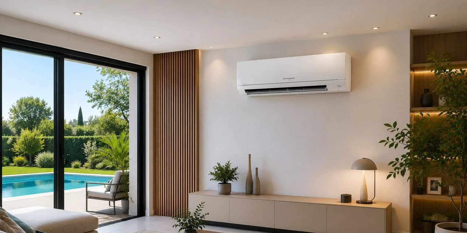 Climatiseur réversible Mitsubishi Electric installé dans un salon moderne
